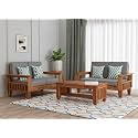 Sheesham Wooden 4 Seater Sofa Set for Living Room | Rosewood 4 Seater Cushion Sofa Set with Side Newspaper Holder for Home &amp; Office | Solid Wood Sofa (Natural Finish, 2+2 Seater)