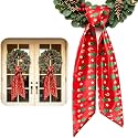 Dream Loom Christmas Wreath Sash for Front Door, 2Pcs Red Ground with Christmas Designs Wreaths Satin Sash Ribbon Accessories for Yard Doorway Indoor Outdoor Wall Party Decor