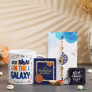 religious tgs-rakhi-1501 assorted mug key ring greeting card chawal roli pack rakhi set by dreamica