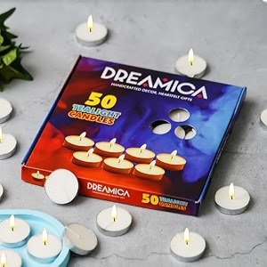 dreamica white tealight candles pack of 50  smokeless long burning wax tea light for home dcor diwali puja parties amp weddings  unscented round tealight candle set