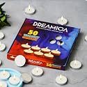 Dreamica White Tealight Candles Pack of 50 – Smokeless Long Burning Wax Tea Light for Home Décor, Diwali, Puja, Parties & Weddings – Unscented Round Tealight Candle Set