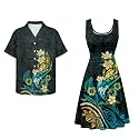 Dreaweet Summer Dresses for Women A-Line Sleeveless Flowy Sun Dresses,Men's Casual Button-Down Shirts,Couple Matching Outfits
