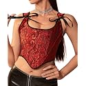 Dreay Womens Vintage Asymmetrical Hem Overbust Corset Tie Front Lace-up Back Bustier Shapewear Top
