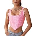 Dreay Womens Vintage Asymmetrical Hem Overbust Corset Tie Front Lace-up Back Bustier Shapewear Top