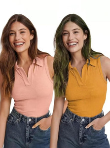 DRESSBIZ Casual Solid Women Pink Yellow Top