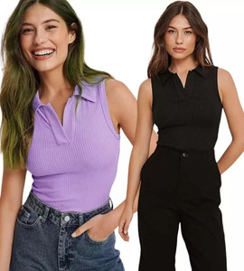 DRESSBIZ Casual Solid Women Purple Black Top
