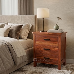 driftingwood roovi solid sheesham wood bedside table with 3 drawers  wooden nightstandside table for bedroom amp living room honey finish