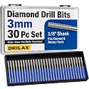 Drilax 3mm Diamond Drill Bits (1/8") 30 pcs Diamond Drill Bits for Stone, Glass, Sea Shells, Gemstones Compatible with Dremel Diamond Tipped Drill Bit Set