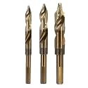 Drill America 3 Piece Cobalt Stepped Drill Bit Set with 1/2" Reduced 3-Flat Shank, Gold Oxide Finish for Drilling Acrylic, Steel, Hard Metals, GSC Series