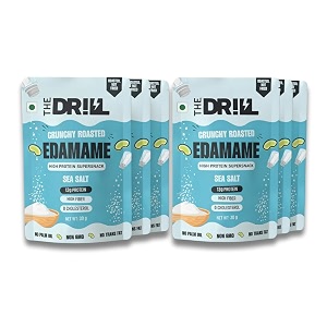 the drill crunchy roasted edamame  sea salt  30 g each pack of 6  13g plant protein  high fibre  0 cholesterol  roasted not fried  non-gmo  no palm oil  healthy protein snack  healthy namkeen