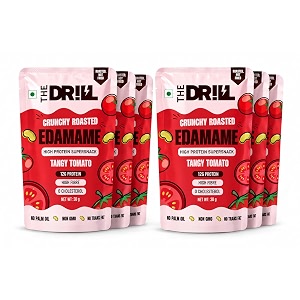 the drill roasted edamame  tangy tomato  72 g protein  30 g each pack of 6  high protein  high fibre  0 cholesterol  roasted not fried  non-gmo  no palm oil  healthy protein snack  healthy namkeen