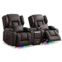 DRMBOOK Power Recliner Chair, Electric Wall Hugger Reclining Sofa with Massage &amp; Heat, Overstuffed Theater Seating with LED/USB Port/Cup Holders for Living Room (Leather Brown, 2 Chairs with Console)