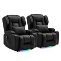 DRMBOOK Power Recliner Chair, Electric Wall Hugger Reclining Sofa with Massage &amp; Heat, Overstuffed Movie Theater Seating with LED/USB Port/Cup Holders for Living Room (Leather Black, 2 Chairs)