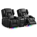 DRMBOOK Power Recliner Chair, Electric Wall Hugger Reclining Sofa with Massage &amp; Heat, Overstuffed Theater Seating with LED/USB Port/Cup Holders for Living Room (Leather Black, 2 Chairs with Console)