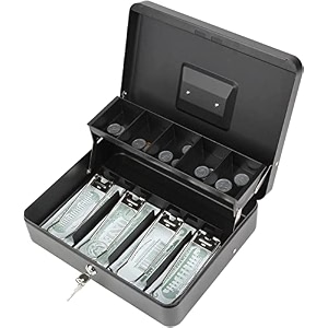 locking large metal cash box with secure lock coin tray 5 compartments with cover amp 4 spring-loaded clips for bills 30 cm x 24 cm x 9 cm black