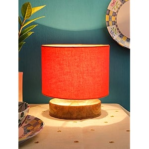 devansh orange cotton shade lamp with natural wood basefor decorationofficehomegiftingstudy for officehomegifting -7x7x7 inches fluorescent