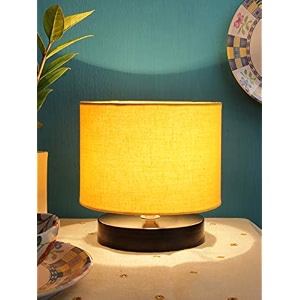 devansh yellow cotton shade lamp with black black wood base for decorationofficehomegiftingstudy for officehomegifting -7x7x7 inches -