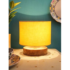 devansh yellow cotton shade lamp with natural wood base for decorationofficehomegiftingstudy for officehomegifting -7x7x7 inches -