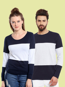 the dry state pack of 2 couple colorblock round neck cotton blend dark blue white t-shirt