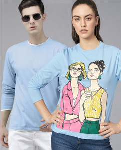 the dry state pack of 2 couple printed round neck cotton blend light blue t-shirt
