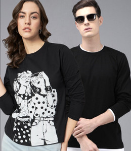 the dry state pack of 2 couple printed round neck cotton blend black t-shirt