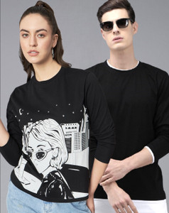 the dry state pack of 2 couple printed round neck cotton blend black t-shirt