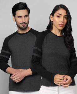 the dry state pack of 2 couple printed round neck cotton blend black t-shirt