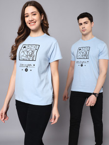 the dry state pack of 2 couple printed round neck cotton blend blue t-shirt
