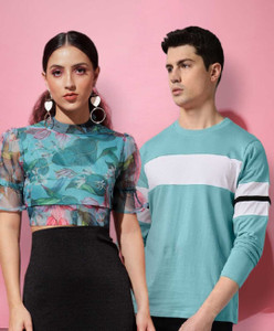 the dry state pack of 2 couple printed round neck cotton blend multicolor t-shirt