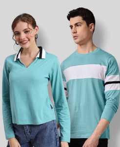 the dry state pack of 2 couple printed round neck cotton blend light blue t-shirt