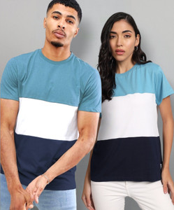 the dry state pack of 2 couple printed round neck cotton blend light blue t-shirt