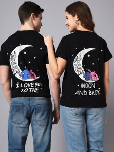 the dry state pack of 2 couple printed round neck cotton blend black t-shirt