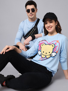 the dry state pack of 2 couple printed round neck cotton blend light blue t-shirt