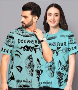 the dry state pack of 2 couple printed round neck cotton blend light blue black t-shirt