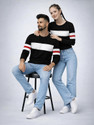 THE DRY STATE Striped Couple Round Neck Black T-Shirt