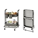 DTK 2 Tier Foldable Rolling Cart, Metal Utility Cart with Lockable Wheels, Folding Storage Trolley for Living Room, Kitchen, Bathroom, Bedroom and Office, Black