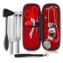 Dual Head Stethoscope with Storage Case, EMT Shears, Pen Light, Tuning Forks, Taylor Hammer, and Lister Scissors - Assorted Colors (Red)