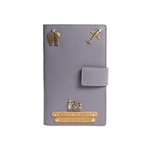 dual passport holder for couples  personalized 2 in one passport wallet  passport amp card organizer with button closure  travel document holder for men amp women grey