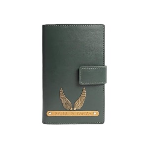 dual passport holder for couples  personalized 2 in one passport wallet  passport amp card organizer with button closure  travel document holder for men amp women green