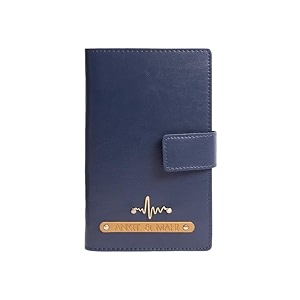 dual passport holder for couples  personalized 2 in one passport wallet  passport amp card organizer with button closure  travel document holder for men amp women blue