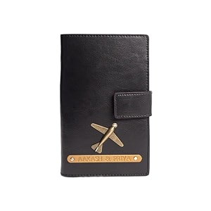 dual passport holder for couples  personalized 2 in one passport wallet  passport amp card organizer with button closure  travel document holder for men amp women black