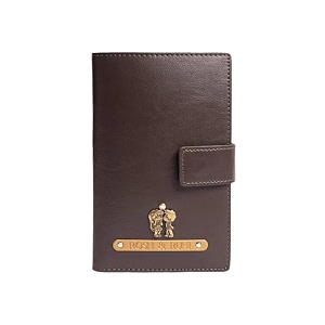 dual passport holder for couples  personalized 2 in one passport wallet  passport amp card organizer with button closure  travel document holder for men amp women brown
