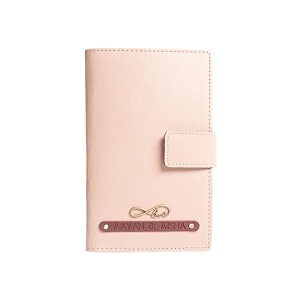 dual passport holder for couples  personalized 2 in one passport wallet  passport amp card organizer with button closure  travel document holder for men amp women baby pink