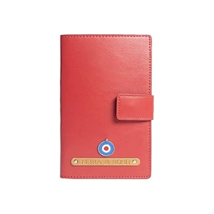 dual passport holder for couples  personalized 2 in one passport wallet  passport amp card organizer with button closure  travel document holder for men amp women red