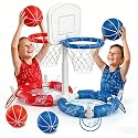 Dual Pool Basketball Hoop with Backboard for Boys Girls 2-in-1 Floating Pool Toys Ring Game 4 Balls 8 Rings & Pump Outdoor Swimming Pool Basketball Games Water Play Summer Toy for Adults and Family