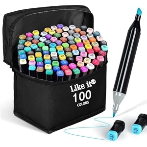 like it dual tip colorful art markers sketch pens colors with carrying case for painting sketching calligraphy drawing -twin head permanent marker pens for kids adult 100