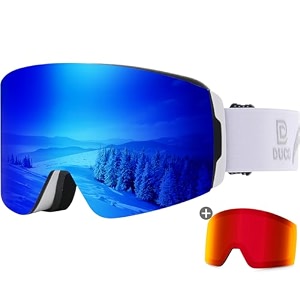 duco ski goggles with magnetic lens for snowboard anti-fog uv400 protection over glasses otg snow sports goggles dcs002 white frame revo bluerevo red lens