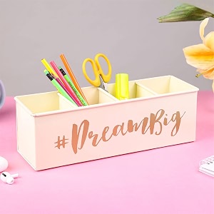 dudki 4 compartment desk organizer for office table  metal desk organizer stationary storage stand pen pencil holder for office home and study table dream big ivory