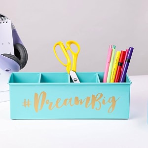 dudki 4 compartment stylish desk organizer for office table  metal desk organizer stationary storage stand pen pencil holder for office home and study table dream big aqua