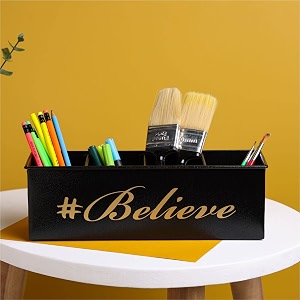 dudki stylish quoted desk organizer for office table with 4 compartments  metal desk organizer storage stand pen pencil holder for office and study table believe texture black